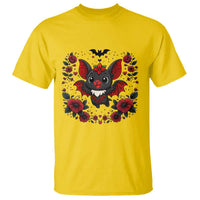 Cute Bat Floral Folk Art T Shirt Gothic Spooky Dia De Los Muertos Gift