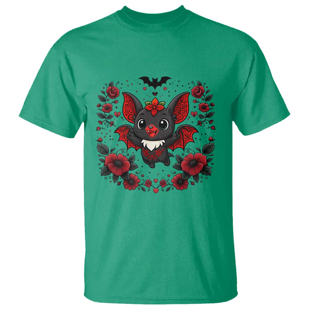 Cute Bat Floral Folk Art T Shirt Gothic Spooky Dia De Los Muertos Gift