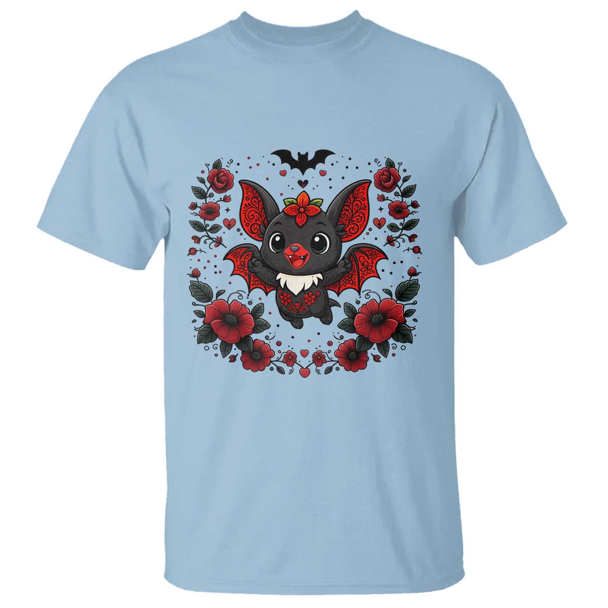 Cute Bat Floral Folk Art T Shirt Gothic Spooky Dia De Los Muertos Gift