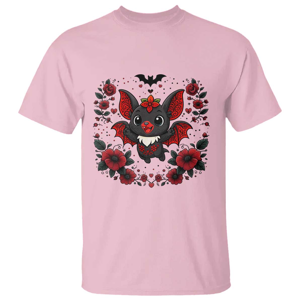 Cute Bat Floral Folk Art T Shirt Gothic Spooky Dia De Los Muertos Gift