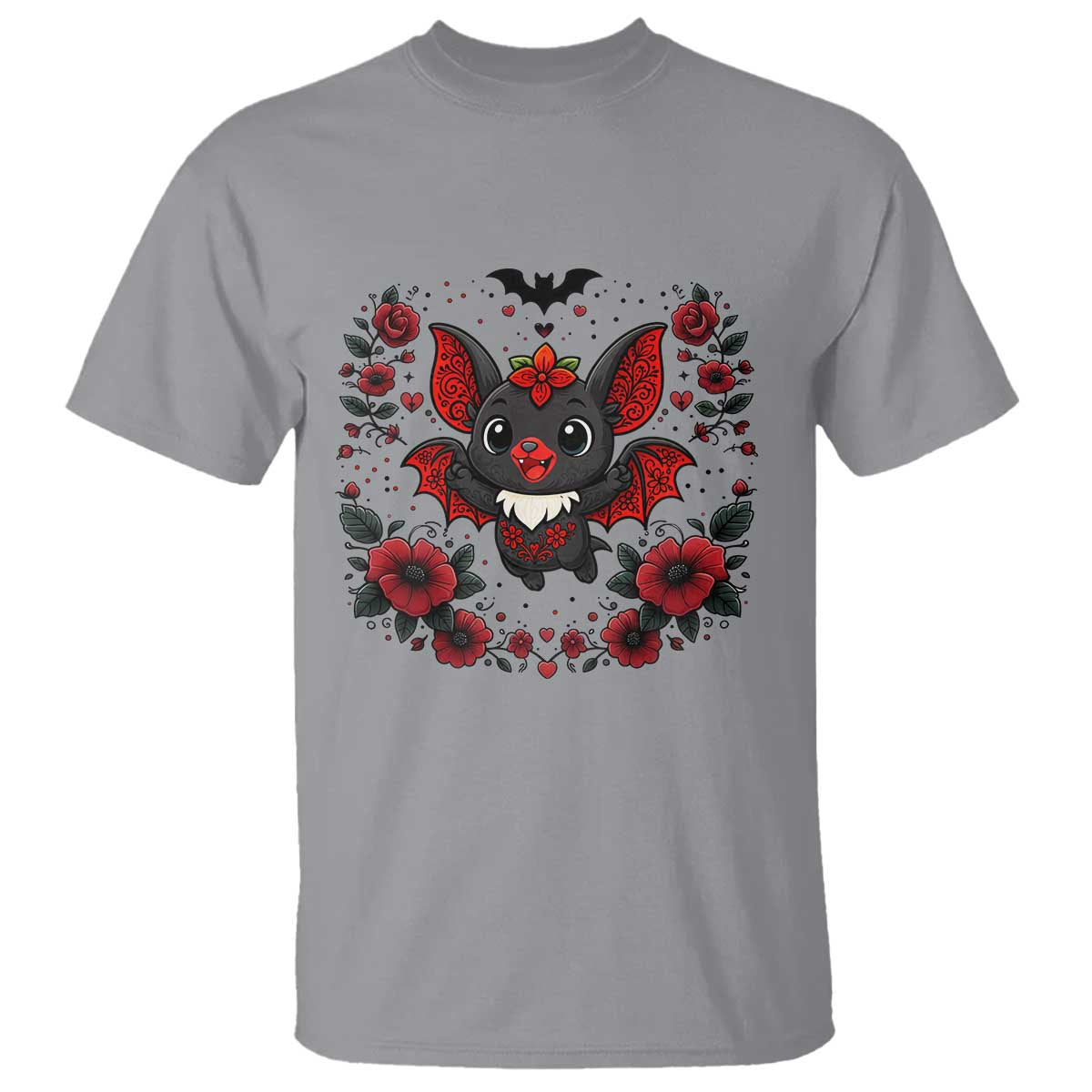 Cute Bat Floral Folk Art T Shirt Gothic Spooky Dia De Los Muertos Gift