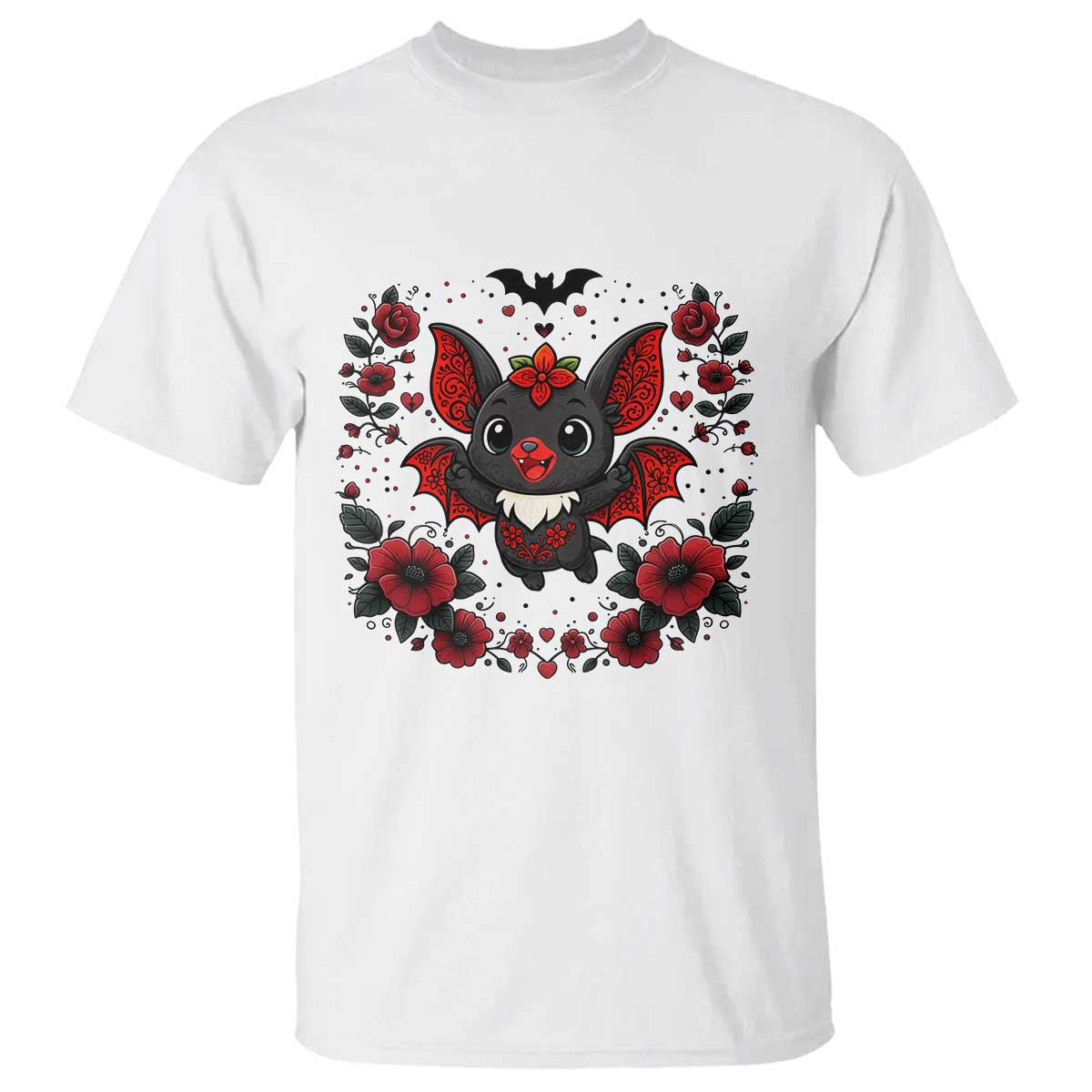 Cute Bat Floral Folk Art T Shirt Gothic Spooky Dia De Los Muertos Gift
