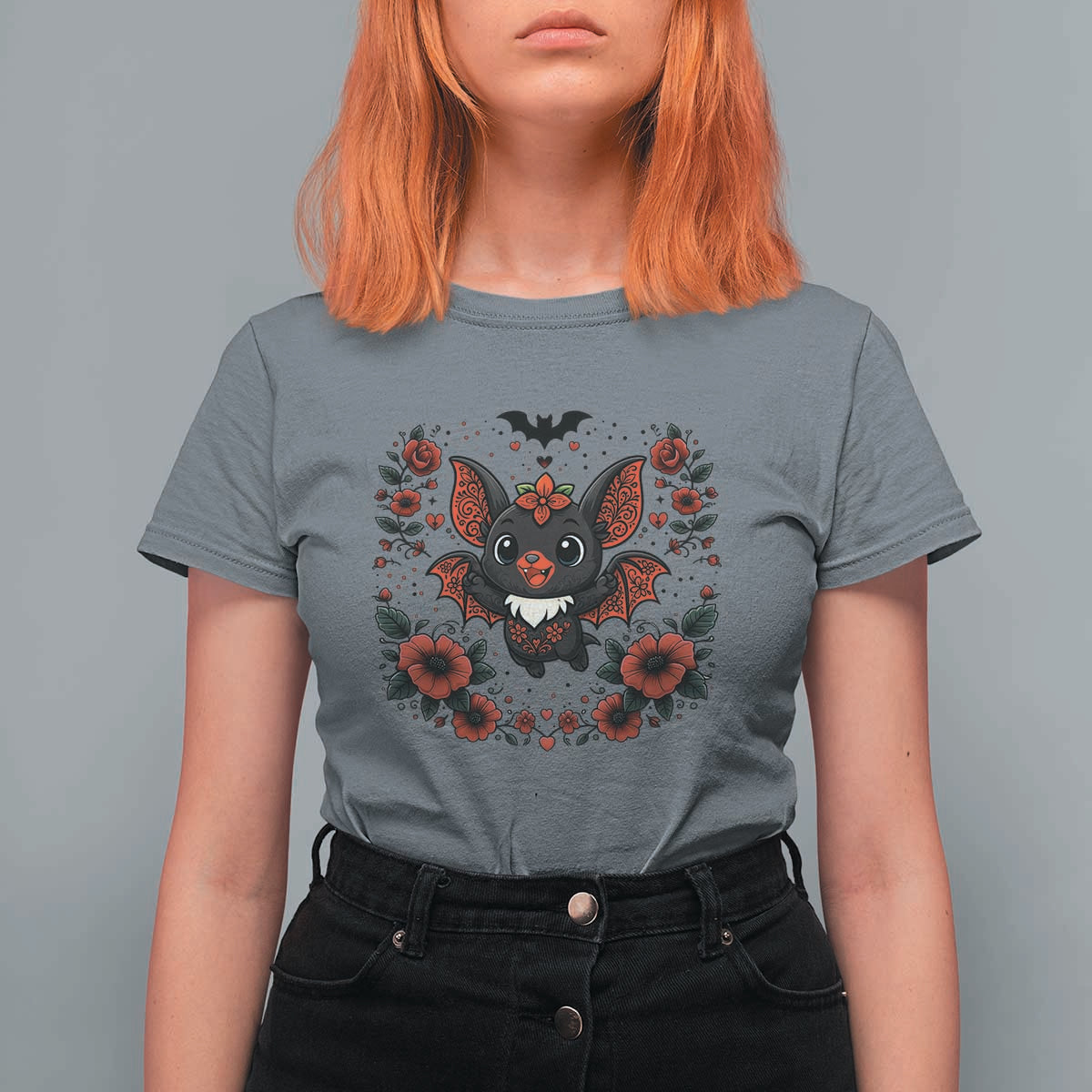Cute Bat Floral Folk Art T Shirt For Women Gothic Spooky Dia De Los Muertos Gift