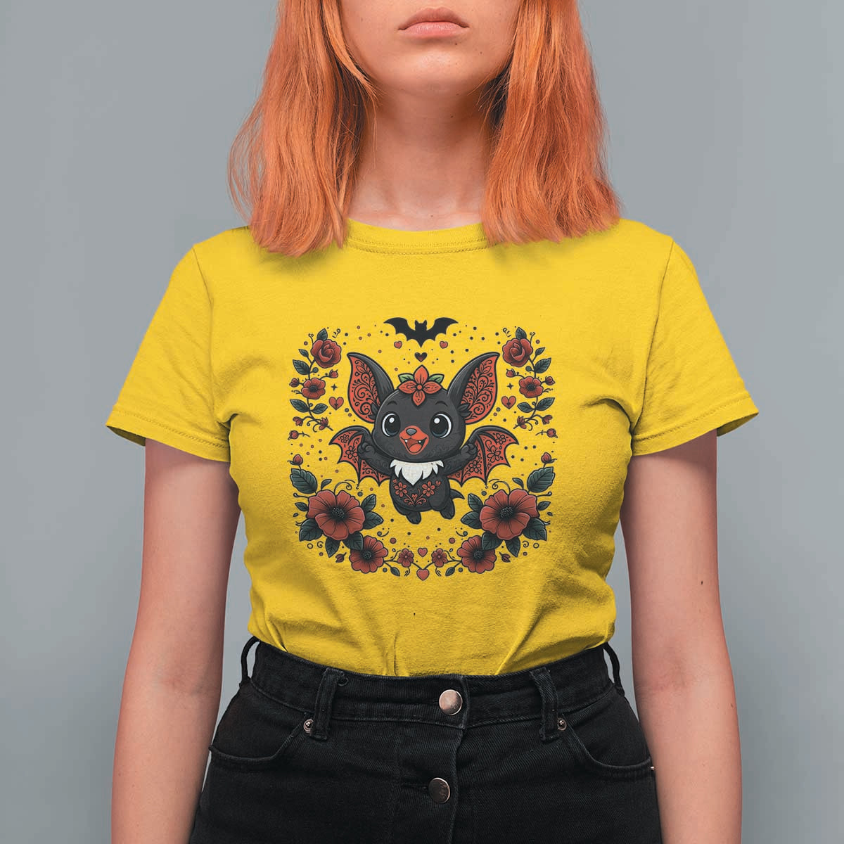 Cute Bat Floral Folk Art T Shirt For Women Gothic Spooky Dia De Los Muertos Gift