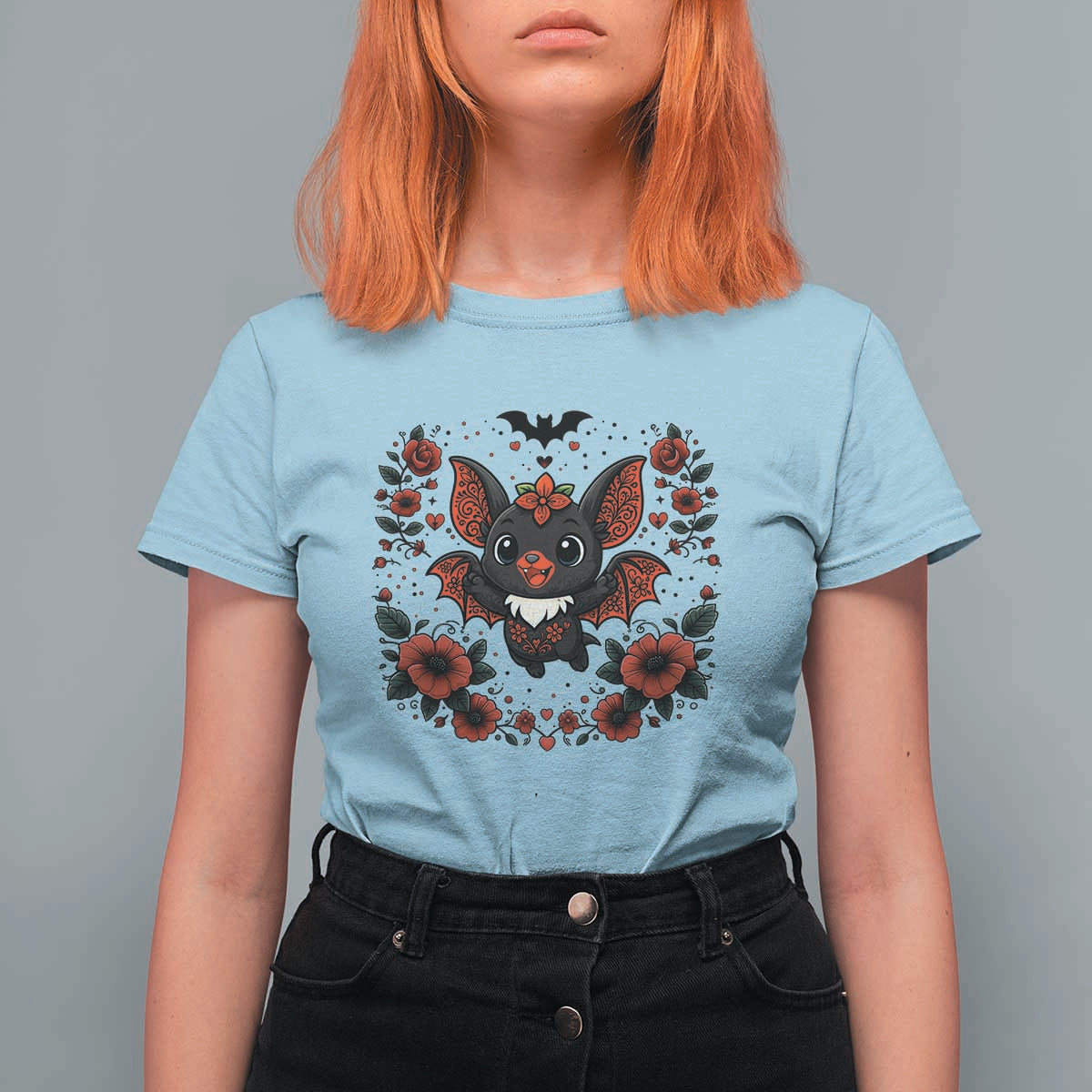Cute Bat Floral Folk Art T Shirt For Women Gothic Spooky Dia De Los Muertos Gift