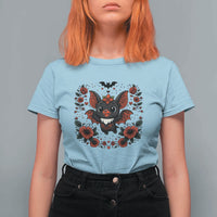 Cute Bat Floral Folk Art T Shirt For Women Gothic Spooky Dia De Los Muertos Gift