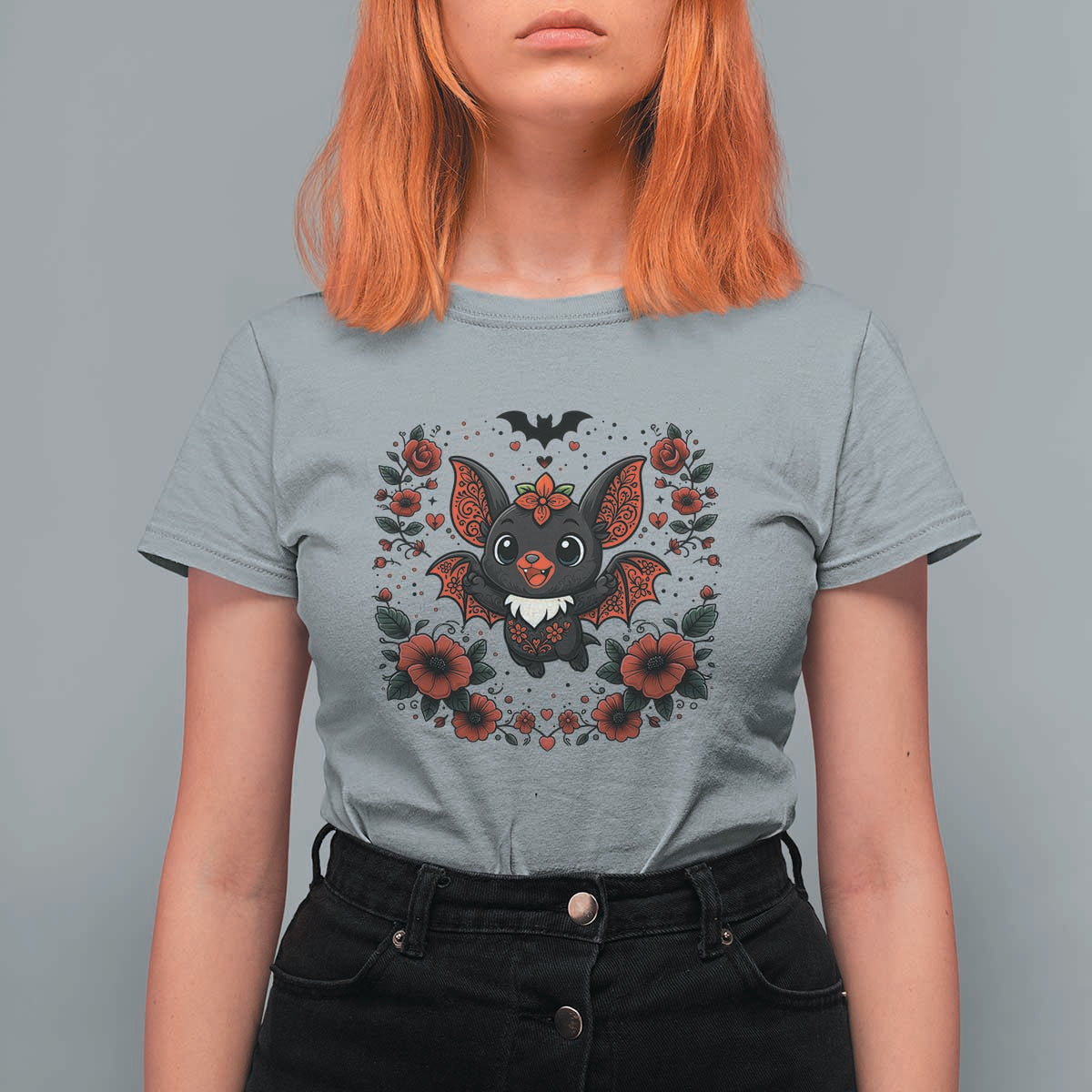 Cute Bat Floral Folk Art T Shirt For Women Gothic Spooky Dia De Los Muertos Gift
