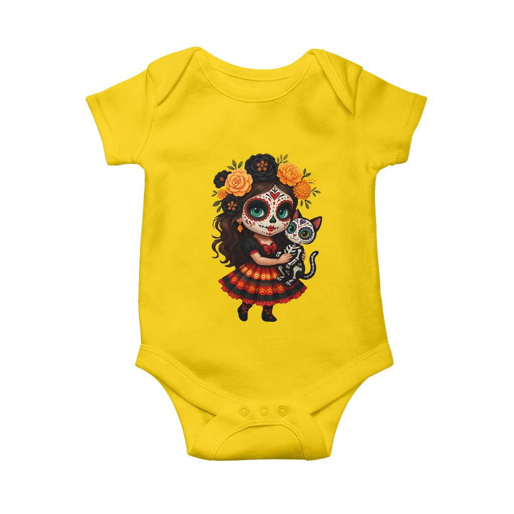 Day Of The Dead Latina Baby Onesie Cute Girl With Skeleton Kitten Floral Skull - Wonder Print Shop