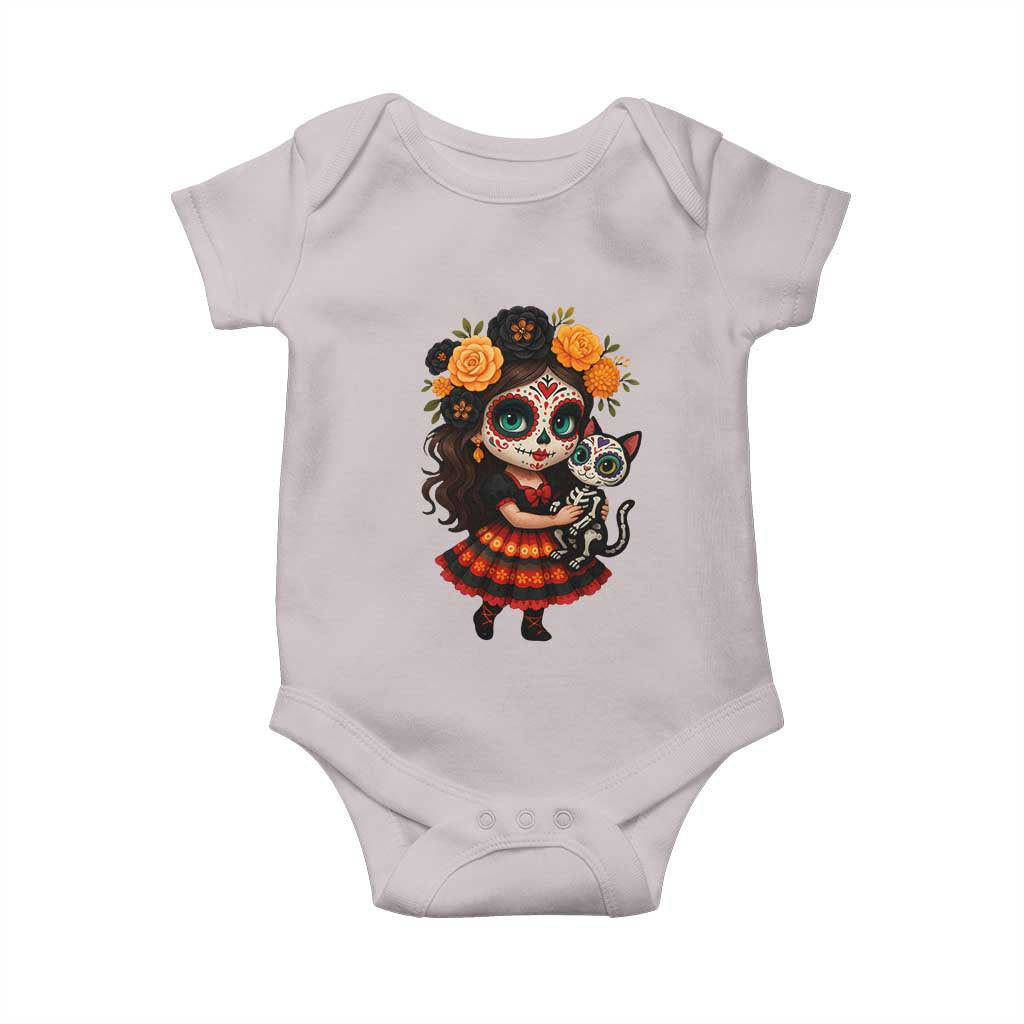 Day Of The Dead Latina Baby Onesie Cute Girl With Skeleton Kitten Floral Skull - Wonder Print Shop