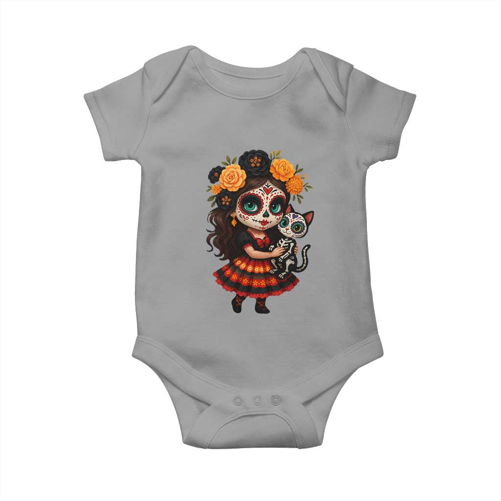 Day Of The Dead Latina Baby Onesie Cute Girl With Skeleton Kitten Floral Skull - Wonder Print Shop