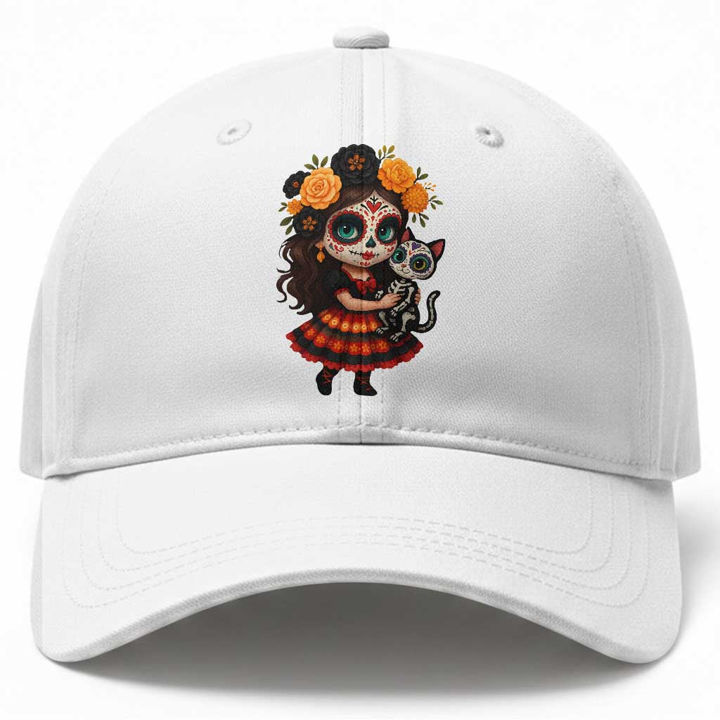 Day Of The Dead Latina Baseball Cap Cute Girl With Skeleton Kitten Floral Skull