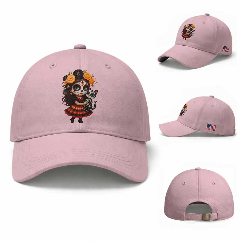 Day Of The Dead Latina Baseball Cap Cute Girl With Skeleton Kitten Floral Skull
