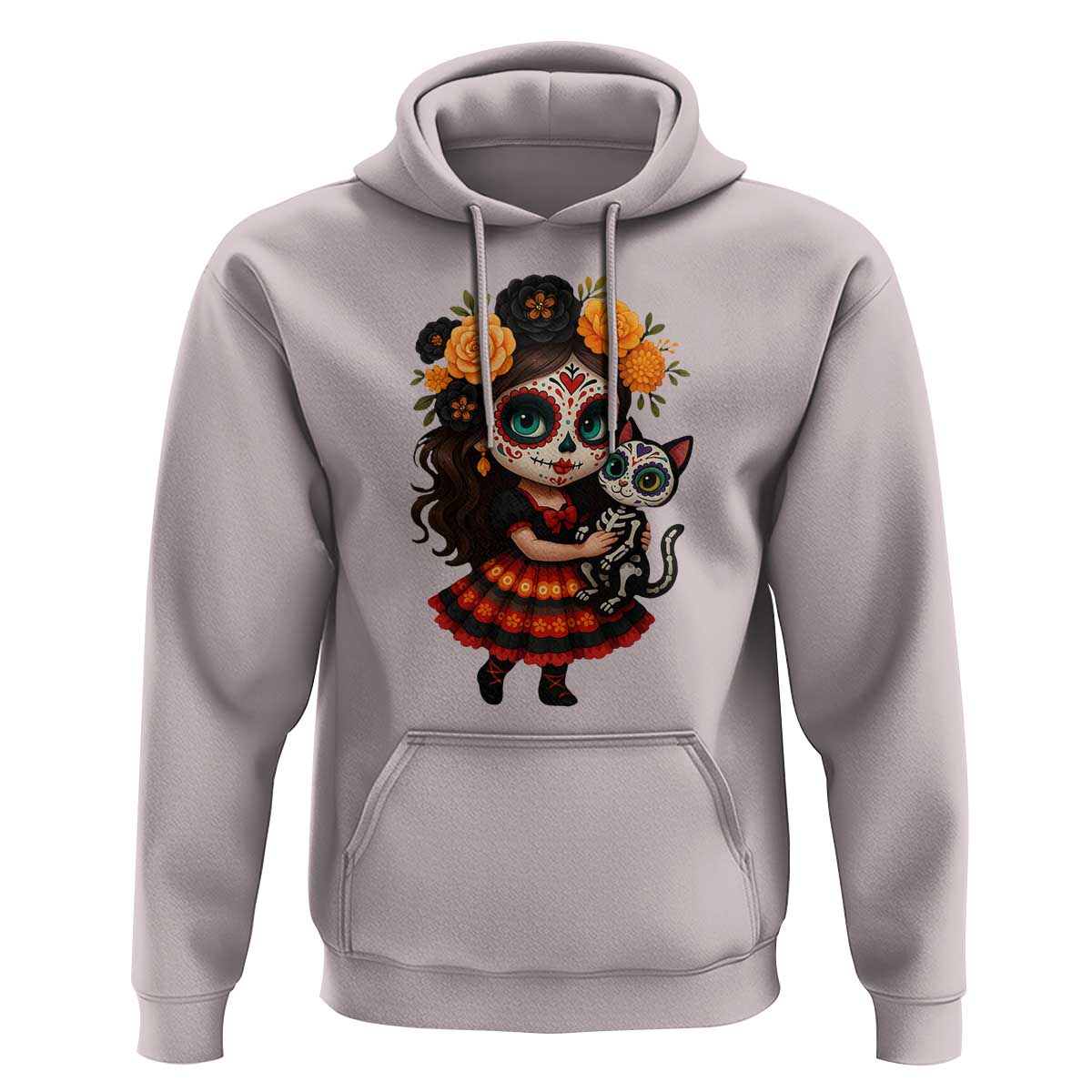 Day Of The Dead Latina Hoodie Cute Girl With Skeleton Kitten Floral Skull - Wonder Print Shop