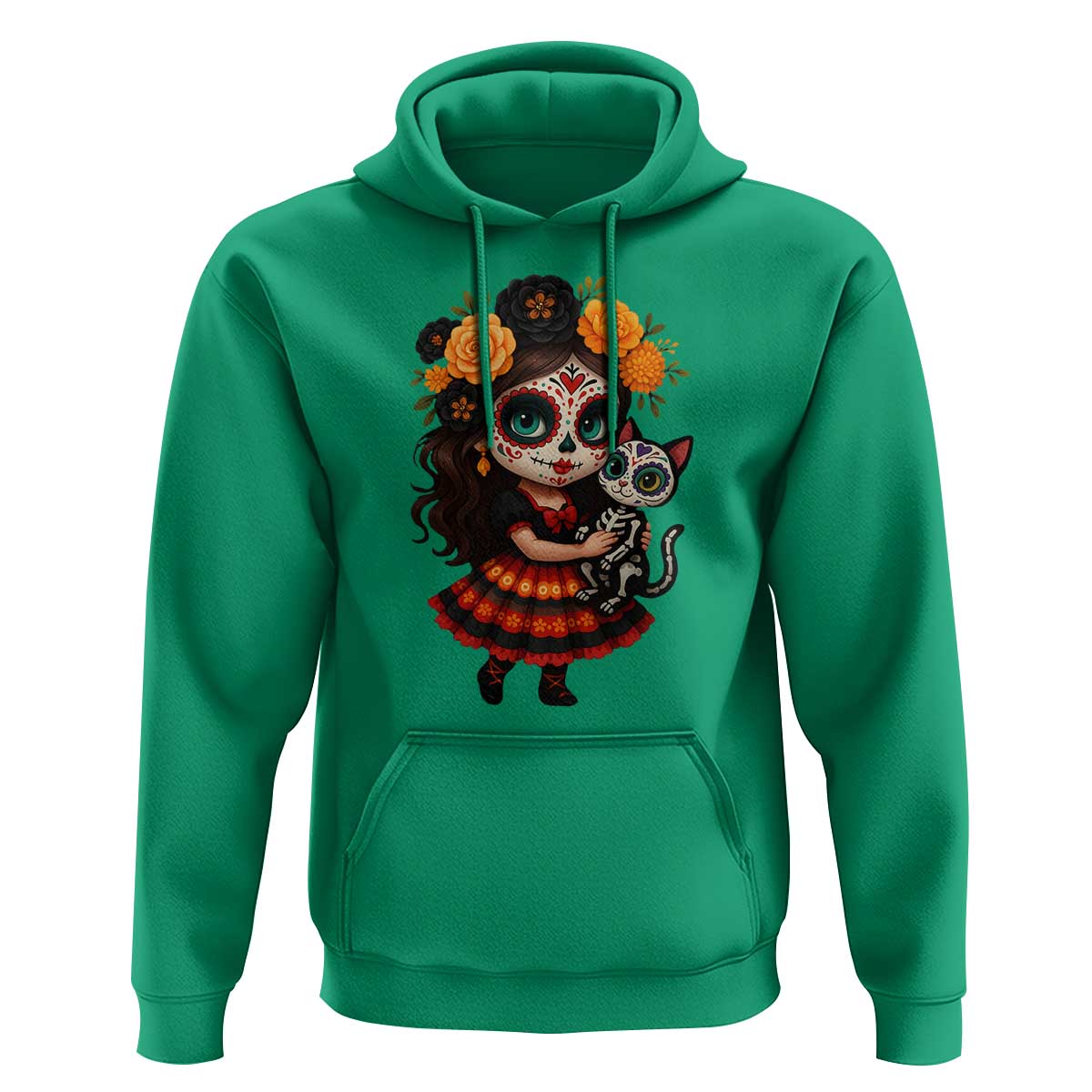 Day Of The Dead Latina Hoodie Cute Girl With Skeleton Kitten Floral Skull - Wonder Print Shop