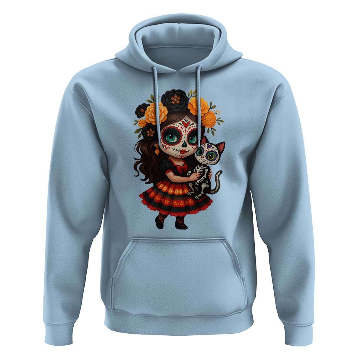 Day Of The Dead Latina Hoodie Cute Girl With Skeleton Kitten Floral Skull - Wonder Print Shop