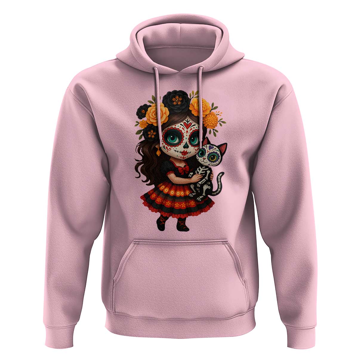 Day Of The Dead Latina Hoodie Cute Girl With Skeleton Kitten Floral Skull - Wonder Print Shop
