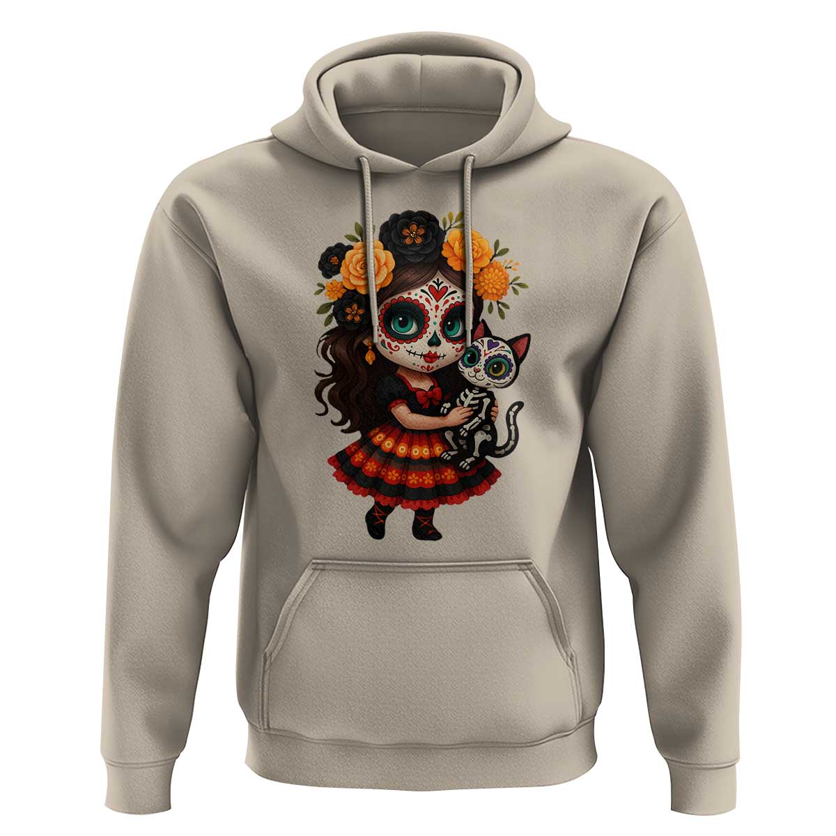 Day Of The Dead Latina Hoodie Cute Girl With Skeleton Kitten Floral Skull - Wonder Print Shop
