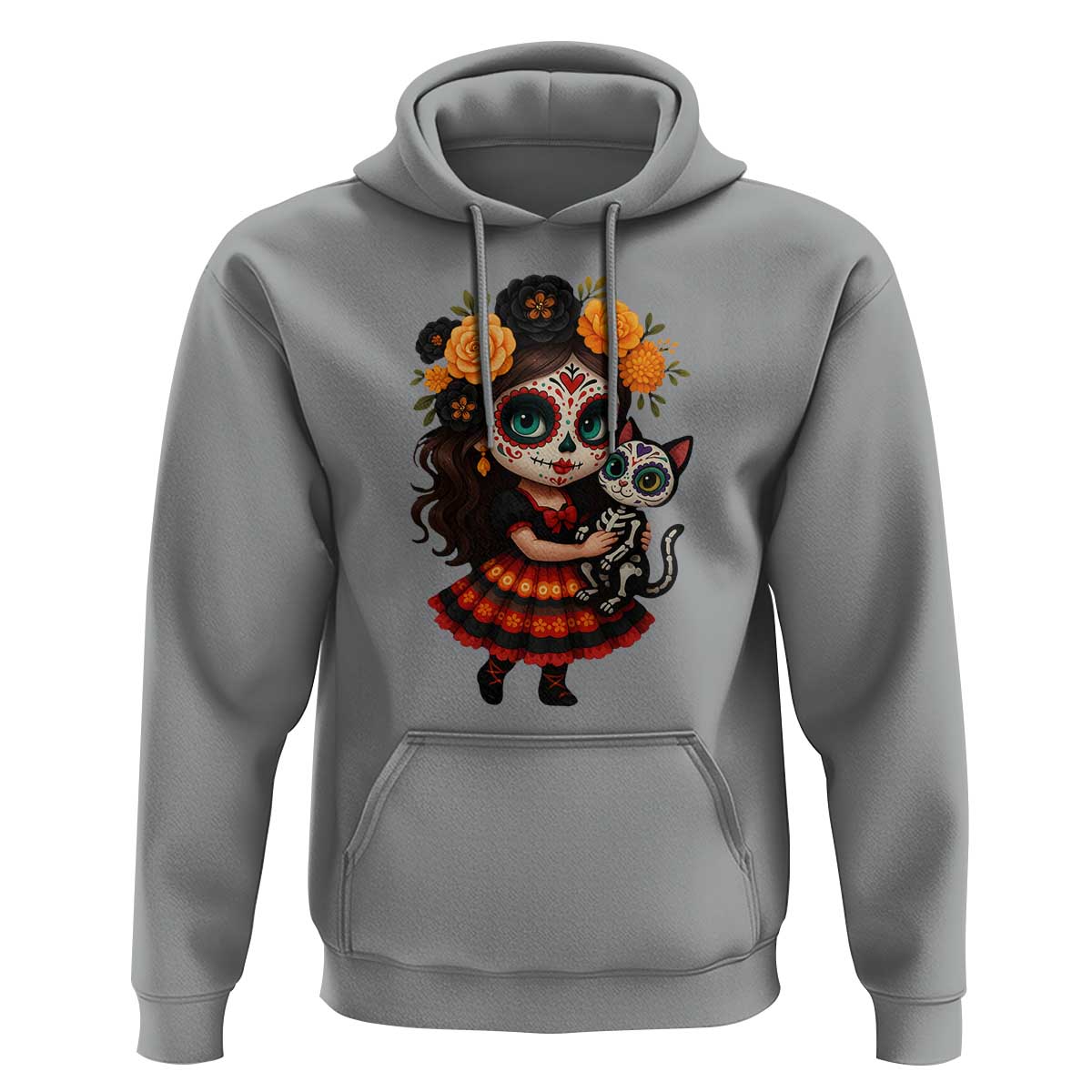 Day Of The Dead Latina Hoodie Cute Girl With Skeleton Kitten Floral Skull - Wonder Print Shop