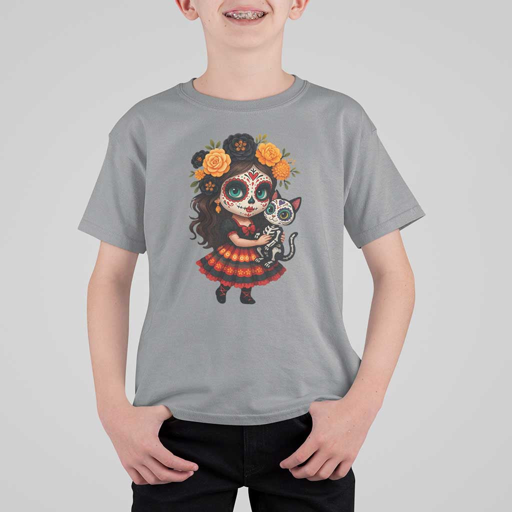 Day Of The Dead Latina T Shirt For Kid Cute Girl With Skeleton Kitten Floral Skull - Wonder Print Shop