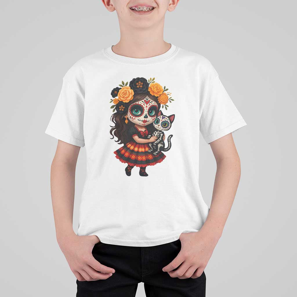 Day Of The Dead Latina T Shirt For Kid Cute Girl With Skeleton Kitten Floral Skull - Wonder Print Shop