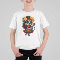 Day Of The Dead Latina T Shirt For Kid Cute Girl With Skeleton Kitten Floral Skull - Wonder Print Shop