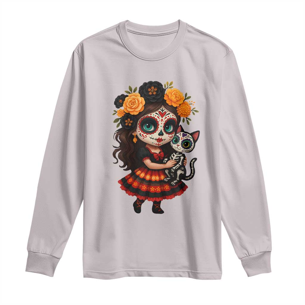 Day Of The Dead Latina Long Sleeve Shirt Cute Girl With Skeleton Kitten Floral Skull - Wonder Print Shop