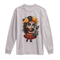 Day Of The Dead Latina Long Sleeve Shirt Cute Girl With Skeleton Kitten Floral Skull - Wonder Print Shop