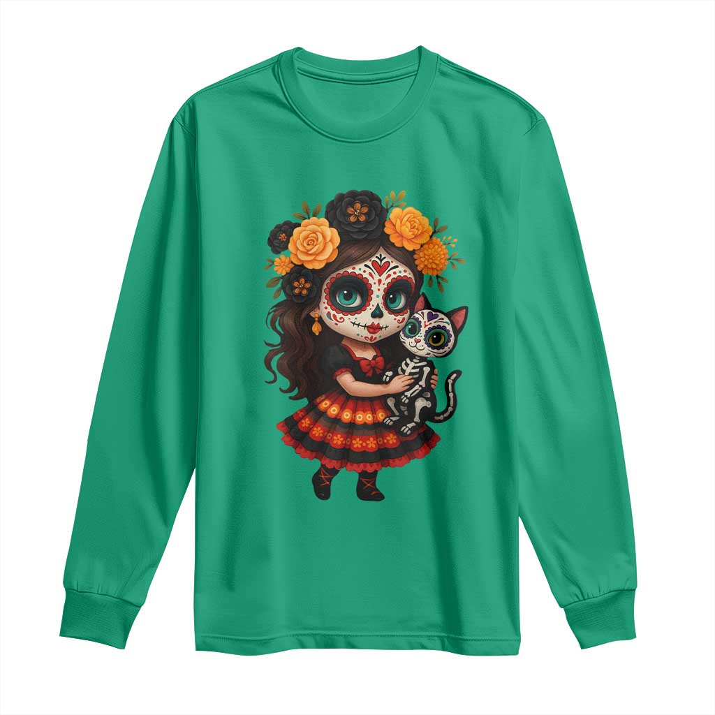 Day Of The Dead Latina Long Sleeve Shirt Cute Girl With Skeleton Kitten Floral Skull - Wonder Print Shop