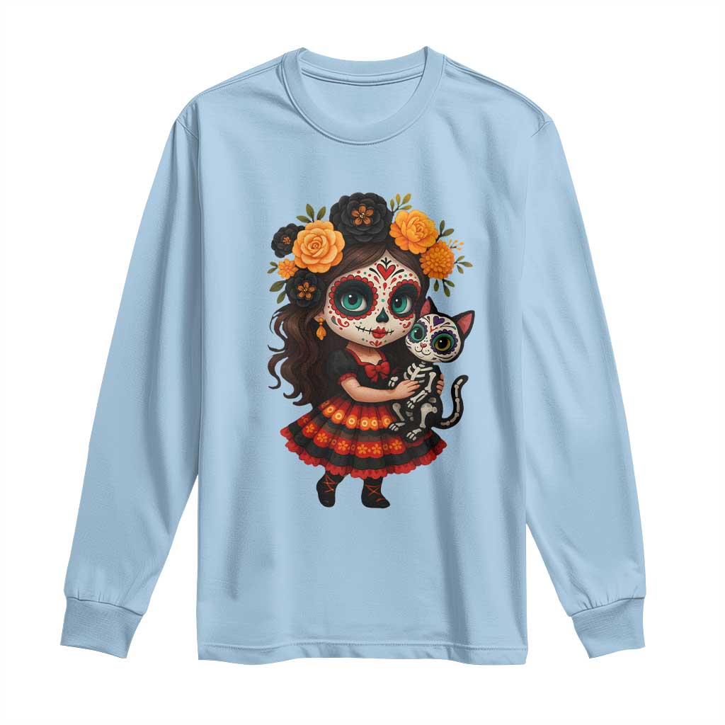 Day Of The Dead Latina Long Sleeve Shirt Cute Girl With Skeleton Kitten Floral Skull - Wonder Print Shop