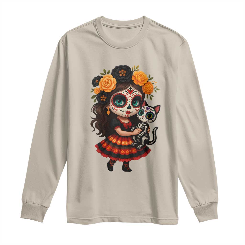 Day Of The Dead Latina Long Sleeve Shirt Cute Girl With Skeleton Kitten Floral Skull - Wonder Print Shop