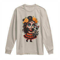 Day Of The Dead Latina Long Sleeve Shirt Cute Girl With Skeleton Kitten Floral Skull - Wonder Print Shop