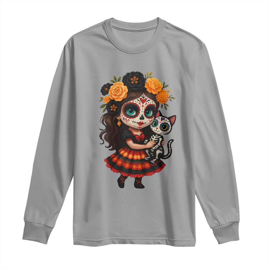 Day Of The Dead Latina Long Sleeve Shirt Cute Girl With Skeleton Kitten Floral Skull - Wonder Print Shop