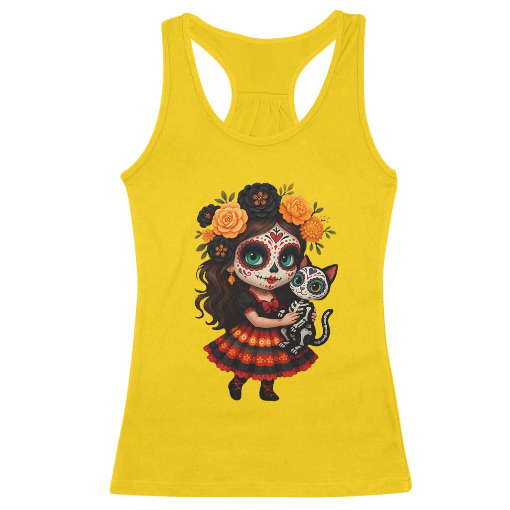 Day Of The Dead Latina Racerback Tank Top Cute Girl With Skeleton Kitten Floral Skull - Wonder Print Shop