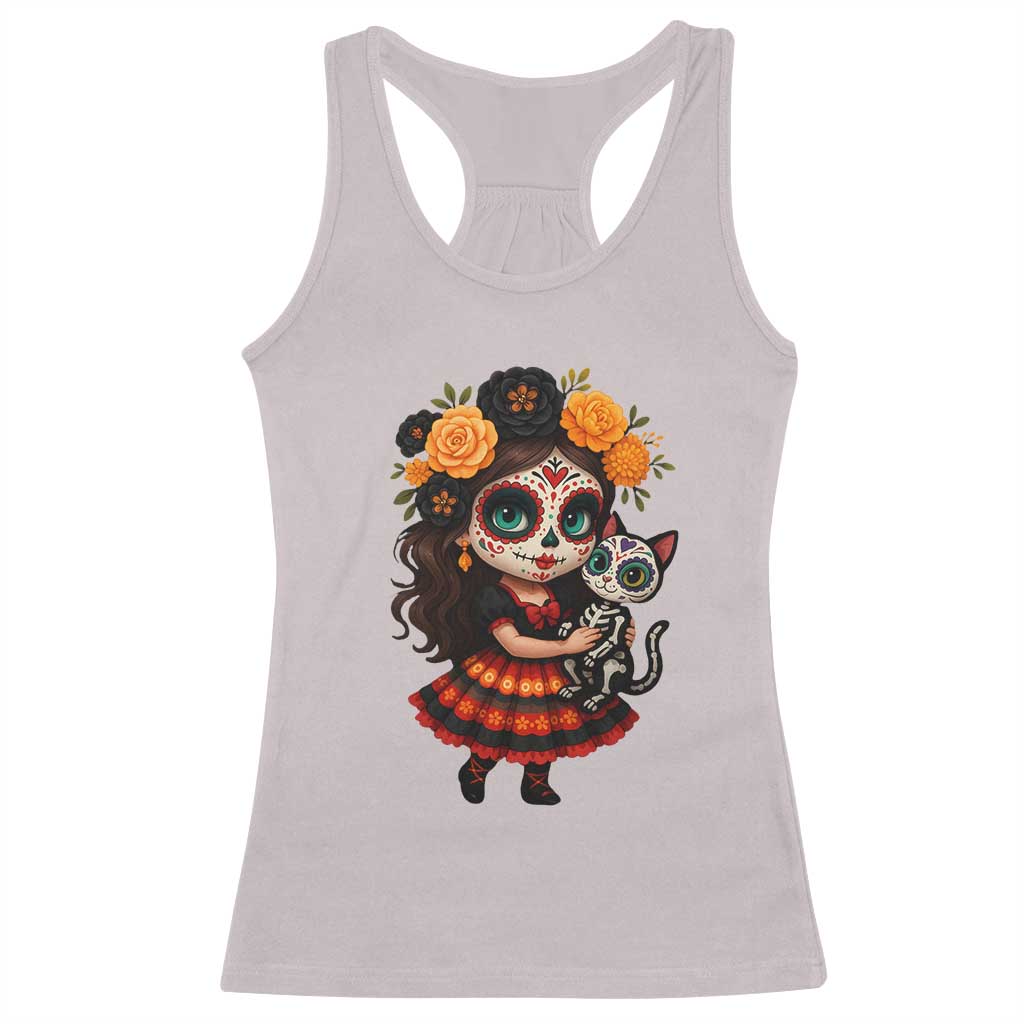 Day Of The Dead Latina Racerback Tank Top Cute Girl With Skeleton Kitten Floral Skull - Wonder Print Shop