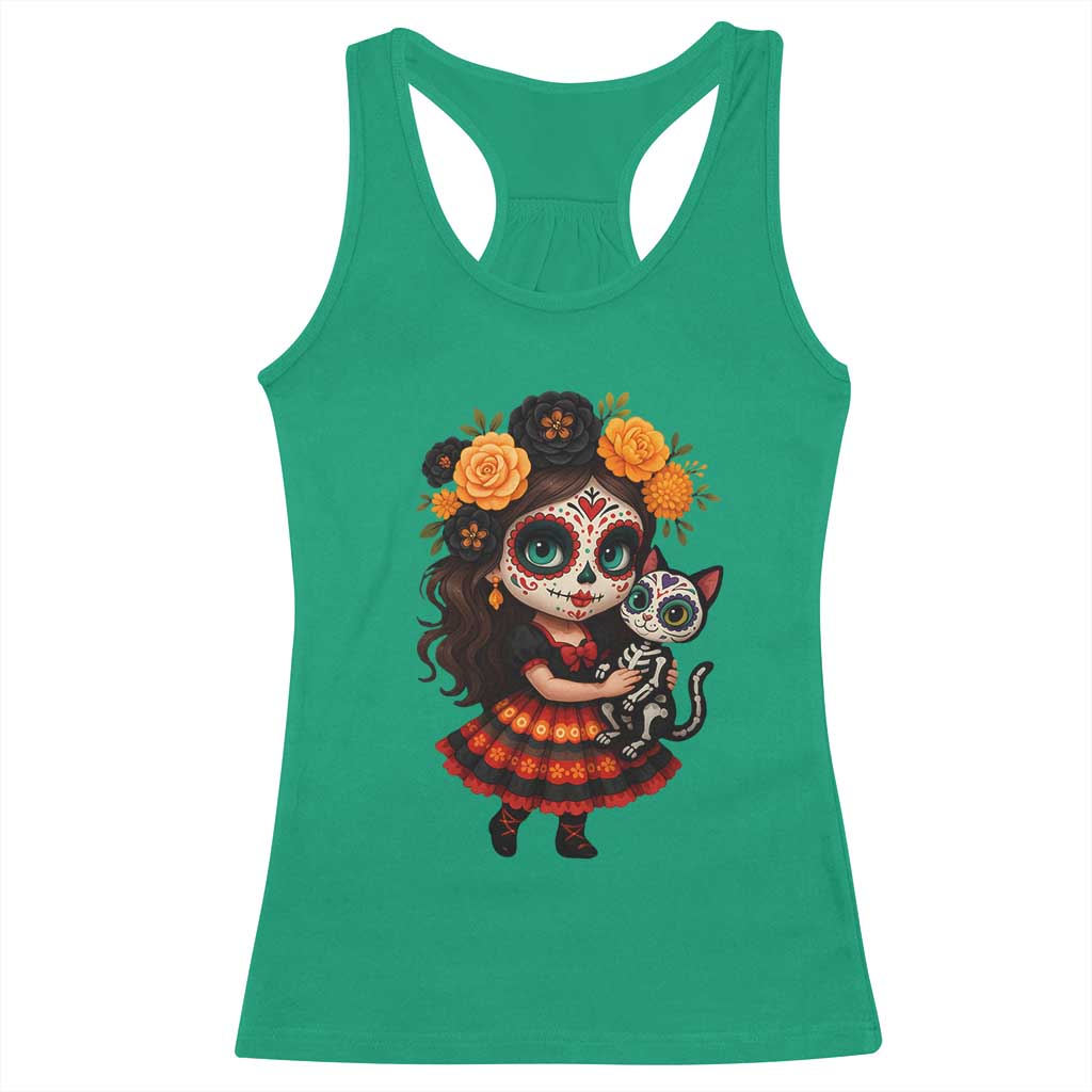 Day Of The Dead Latina Racerback Tank Top Cute Girl With Skeleton Kitten Floral Skull - Wonder Print Shop