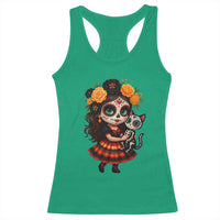 Day Of The Dead Latina Racerback Tank Top Cute Girl With Skeleton Kitten Floral Skull - Wonder Print Shop