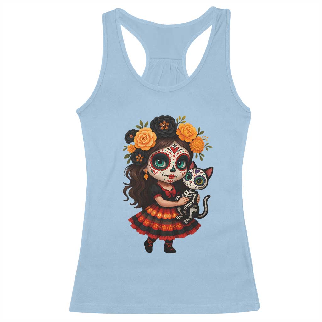 Day Of The Dead Latina Racerback Tank Top Cute Girl With Skeleton Kitten Floral Skull - Wonder Print Shop