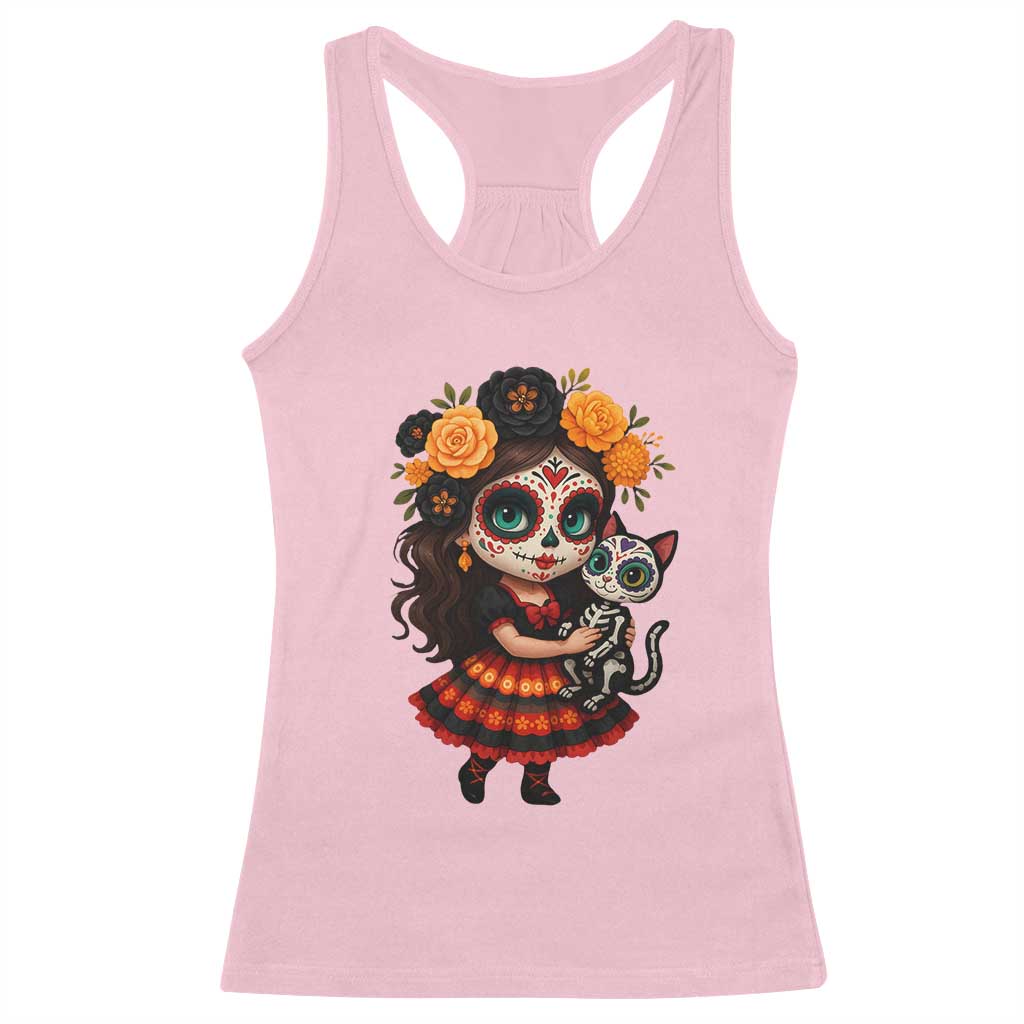 Day Of The Dead Latina Racerback Tank Top Cute Girl With Skeleton Kitten Floral Skull - Wonder Print Shop