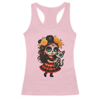 Day Of The Dead Latina Racerback Tank Top Cute Girl With Skeleton Kitten Floral Skull - Wonder Print Shop