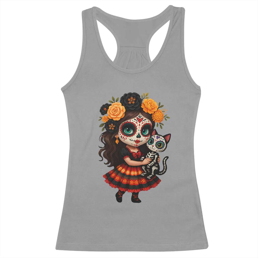 Day Of The Dead Latina Racerback Tank Top Cute Girl With Skeleton Kitten Floral Skull - Wonder Print Shop