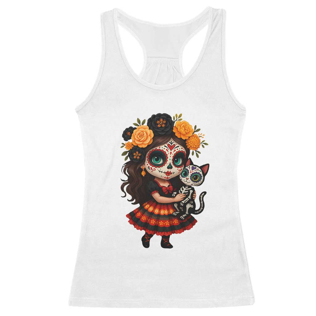 Day Of The Dead Latina Racerback Tank Top Cute Girl With Skeleton Kitten Floral Skull - Wonder Print Shop
