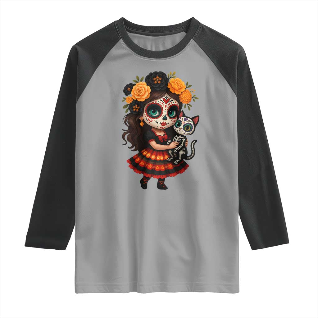 Day Of The Dead Latina Raglan Shirt Cute Girl With Skeleton Kitten Floral Skull - Wonder Print Shop