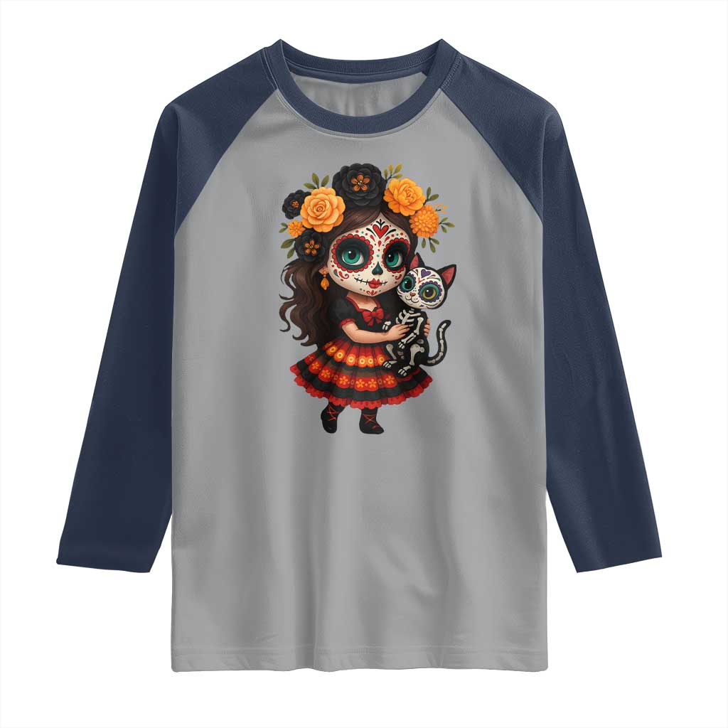 Day Of The Dead Latina Raglan Shirt Cute Girl With Skeleton Kitten Floral Skull - Wonder Print Shop