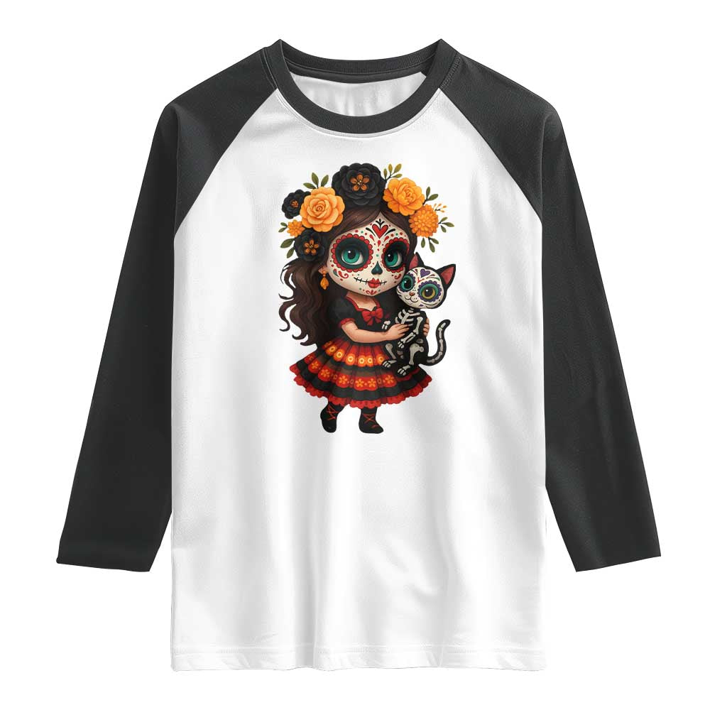 Day Of The Dead Latina Raglan Shirt Cute Girl With Skeleton Kitten Floral Skull - Wonder Print Shop