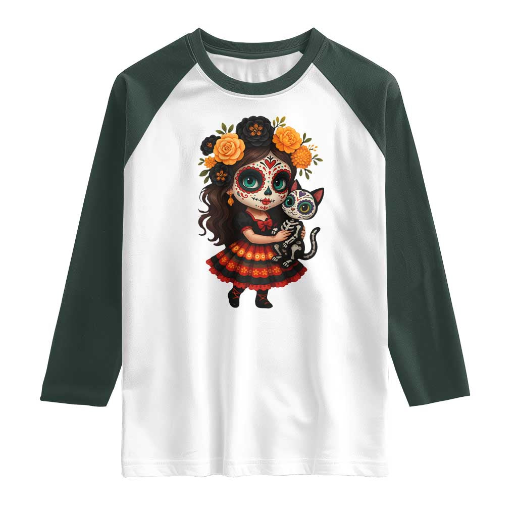 Day Of The Dead Latina Raglan Shirt Cute Girl With Skeleton Kitten Floral Skull - Wonder Print Shop