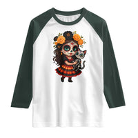 Day Of The Dead Latina Raglan Shirt Cute Girl With Skeleton Kitten Floral Skull - Wonder Print Shop