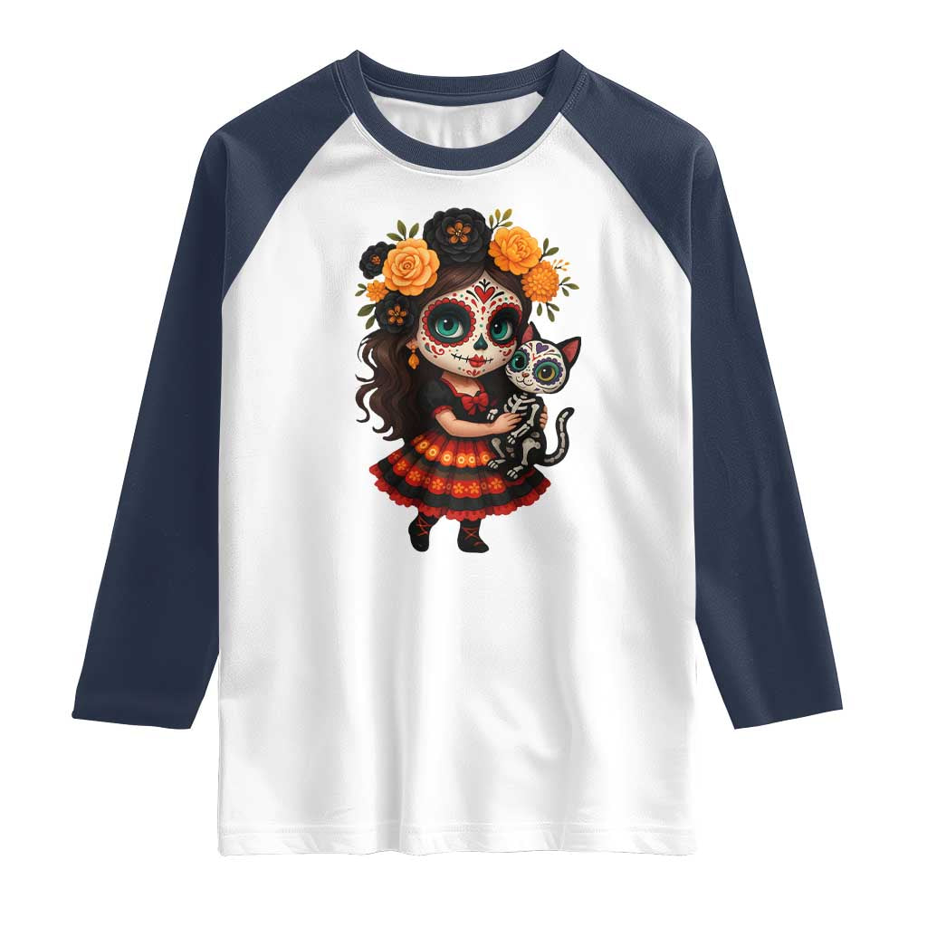 Day Of The Dead Latina Raglan Shirt Cute Girl With Skeleton Kitten Floral Skull - Wonder Print Shop