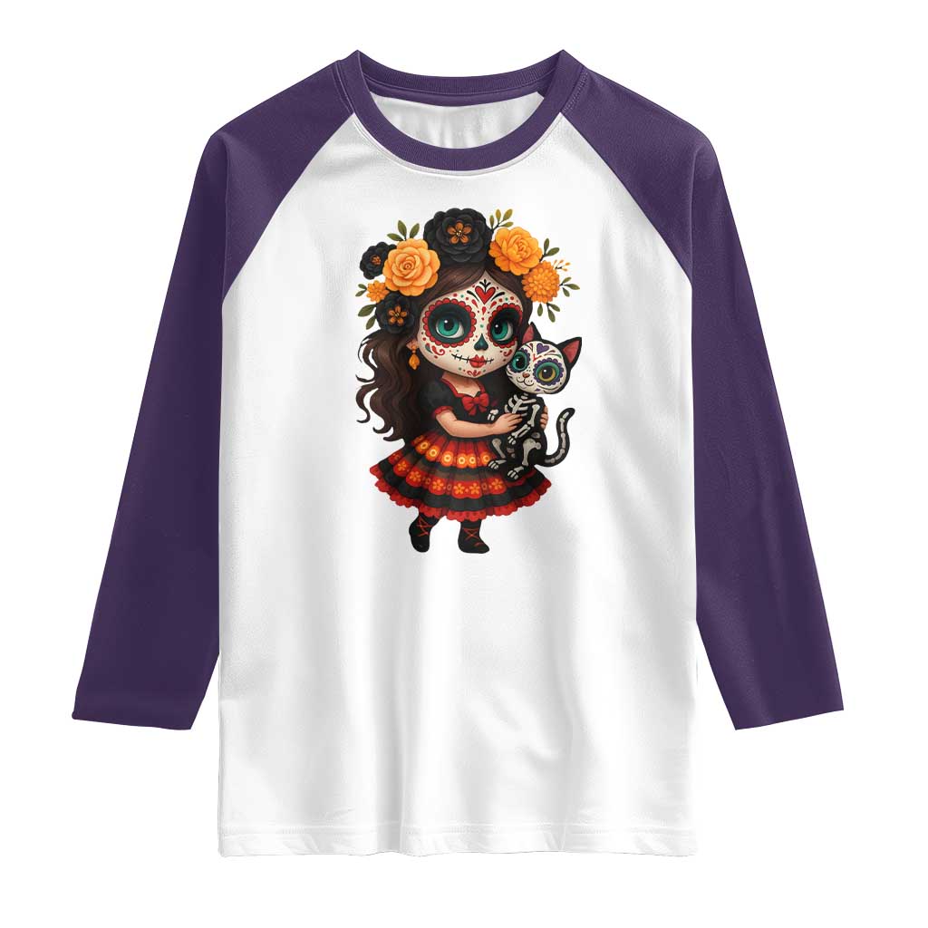 Day Of The Dead Latina Raglan Shirt Cute Girl With Skeleton Kitten Floral Skull - Wonder Print Shop