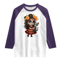Day Of The Dead Latina Raglan Shirt Cute Girl With Skeleton Kitten Floral Skull - Wonder Print Shop