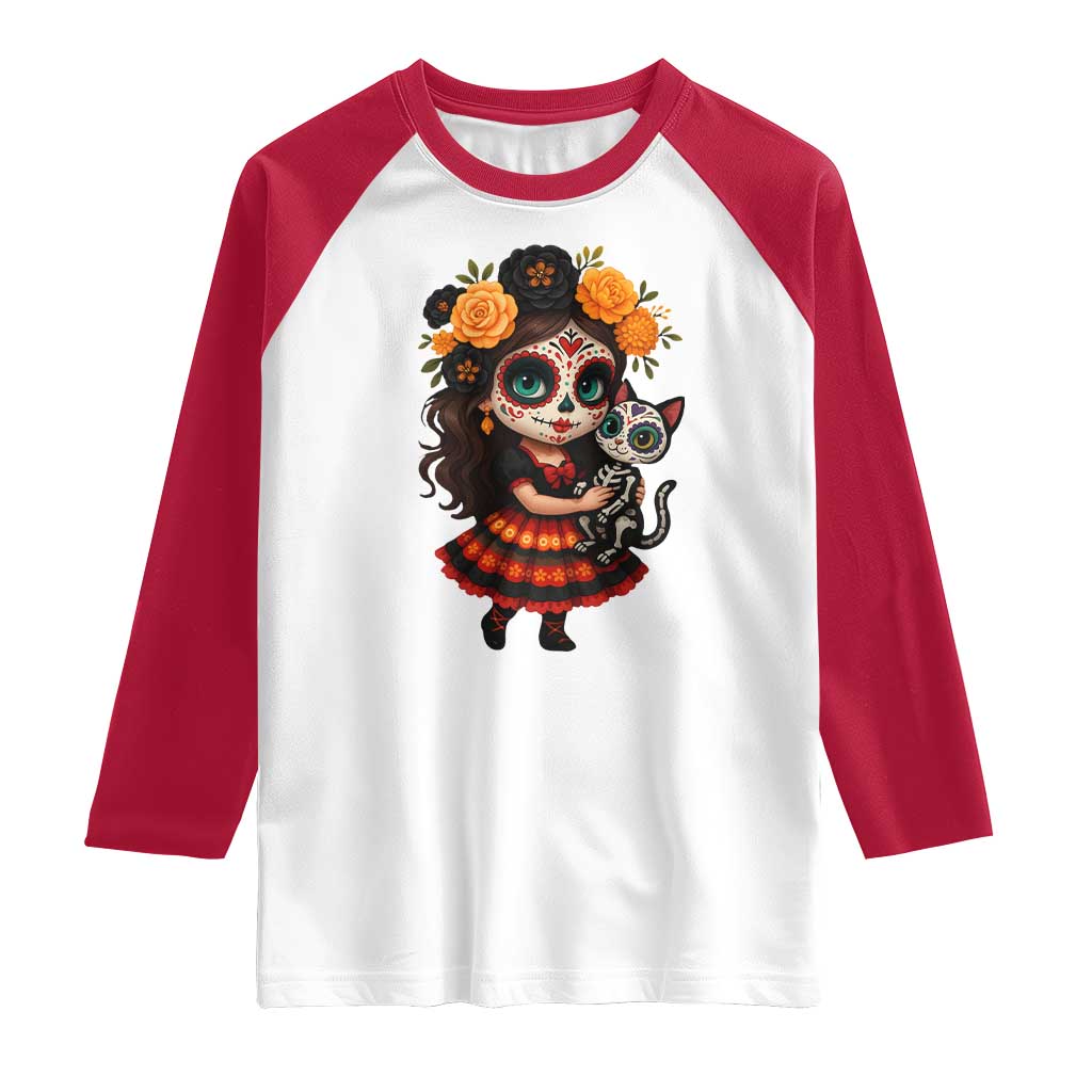 Day Of The Dead Latina Raglan Shirt Cute Girl With Skeleton Kitten Floral Skull - Wonder Print Shop